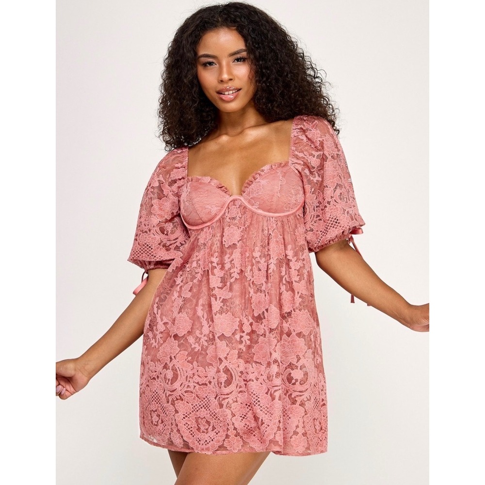 Seni & Cade Rose Pink Floral Lace Underwire Babydoll Dress Medium 2748-HH8A